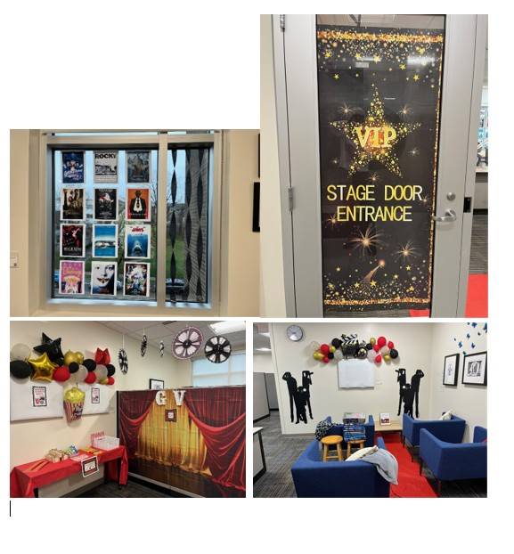 Movie posters hanging in the window, balloons and popcorn bucket decorations, red curtains hanging on the desk, VIP stage door entrance on door, film crew cutouts on wall